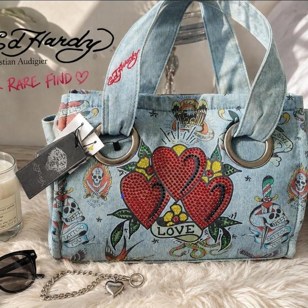 Ed Hardy Y2K Rhinestone Triple Heart Tattoo Tote Bag NWT
